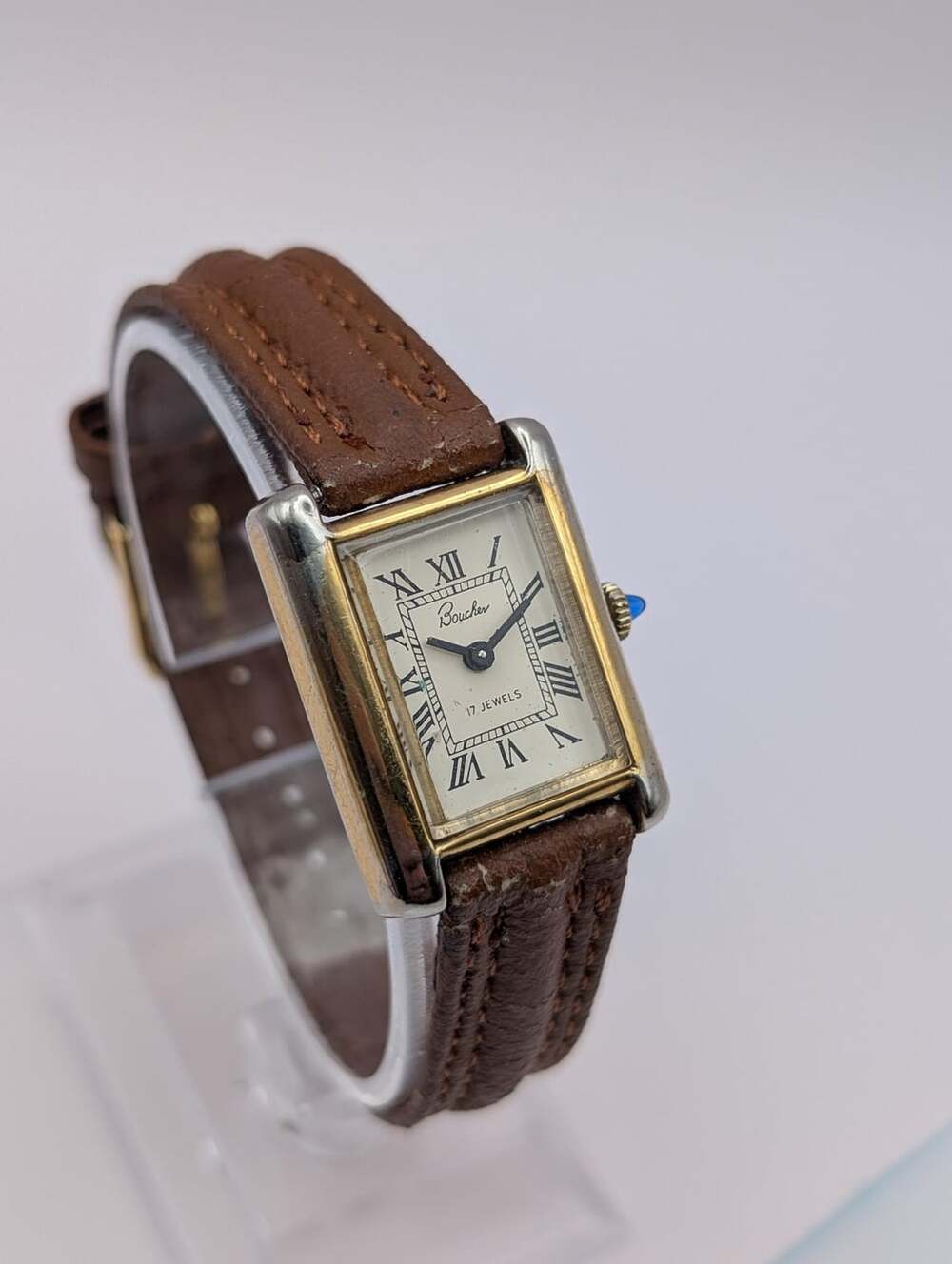 Vintage Boucher Tank Gold Tone Mechanical Ladies Watch, Roman Numeral Dial Leath